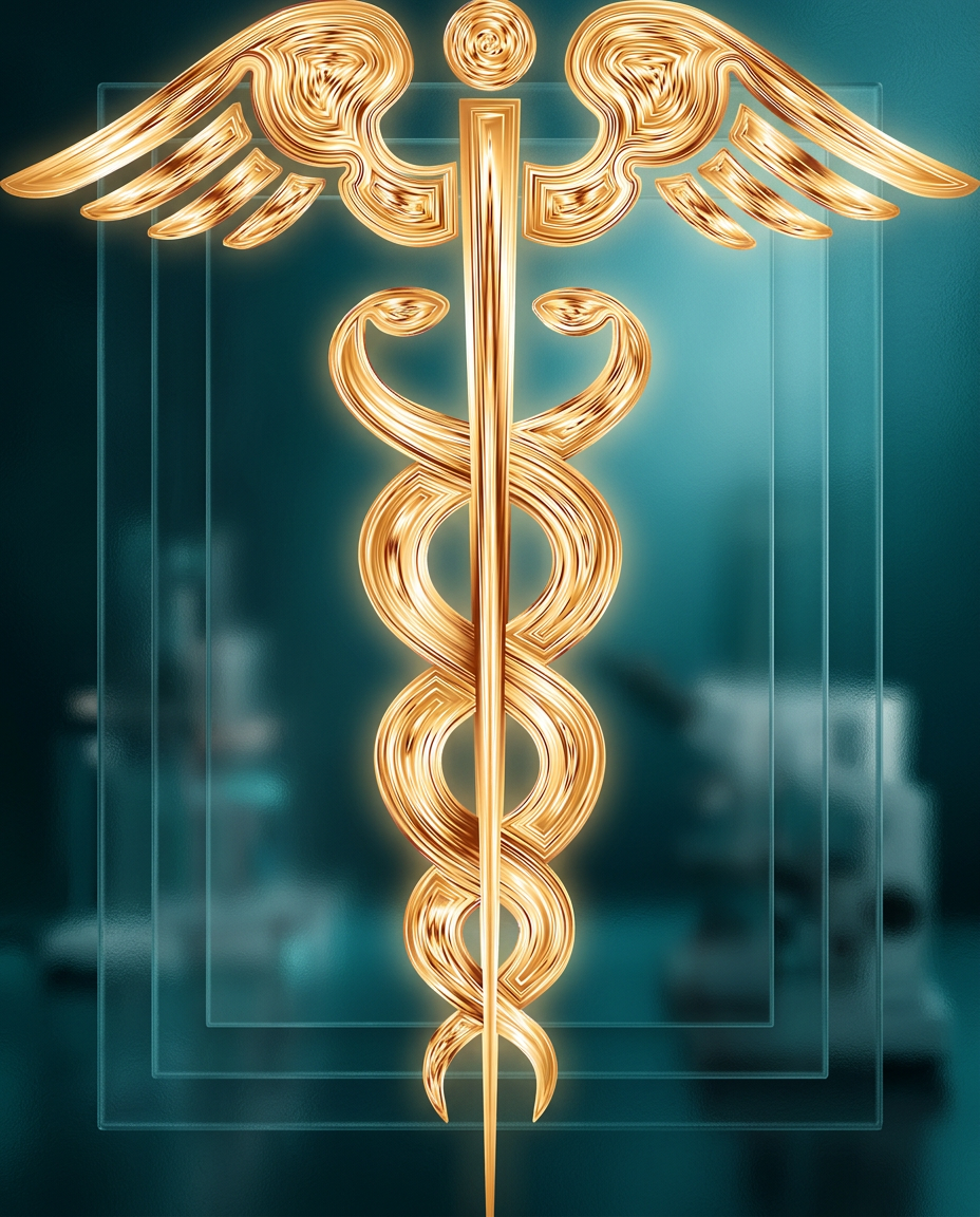 Golden caduceus emblem over frosted clinical glass